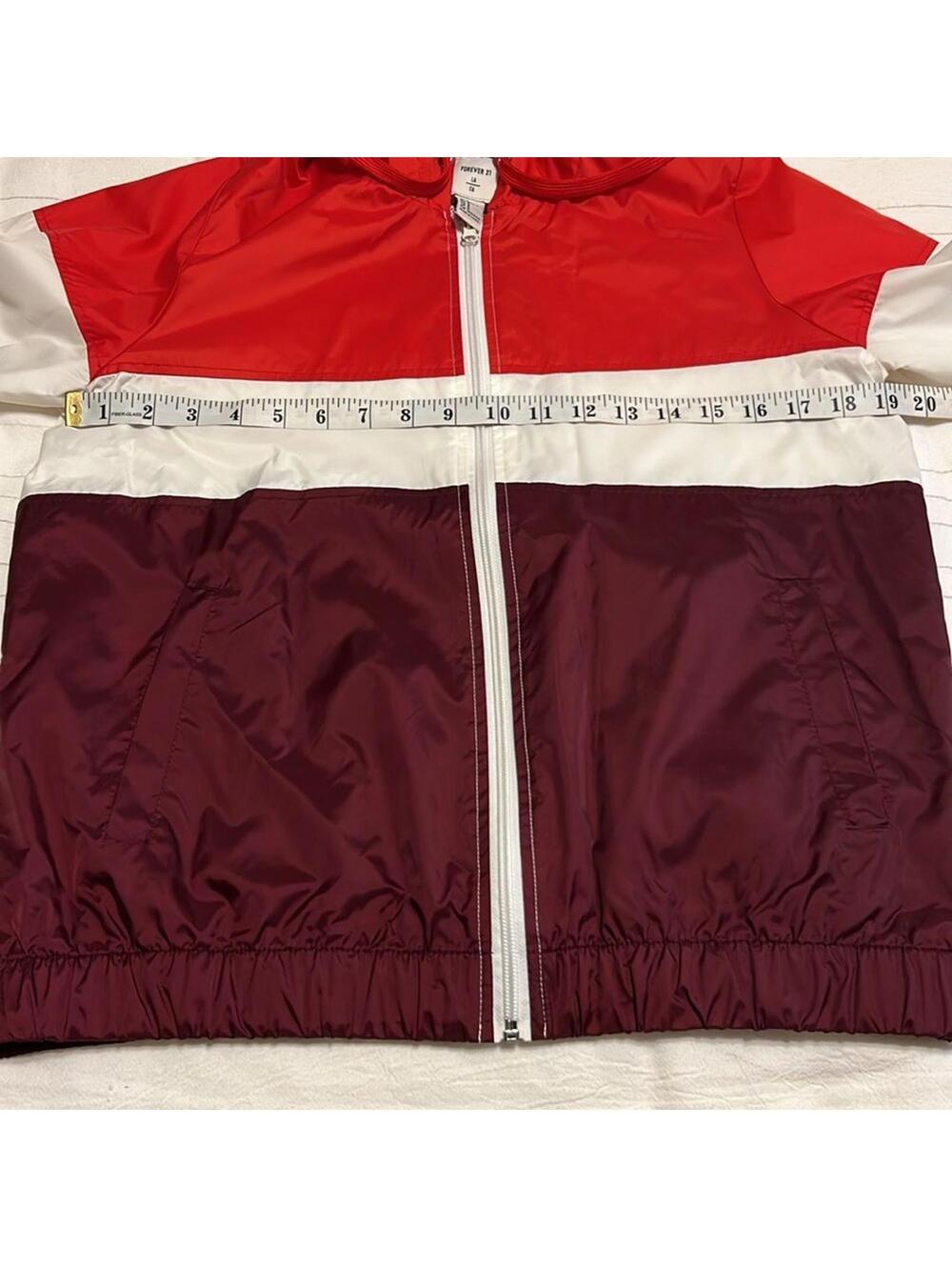 Forever 21 Colorblock Windbreaker Jacket Red Burgundy White Hooded Women's Small - Picture 3 of 7